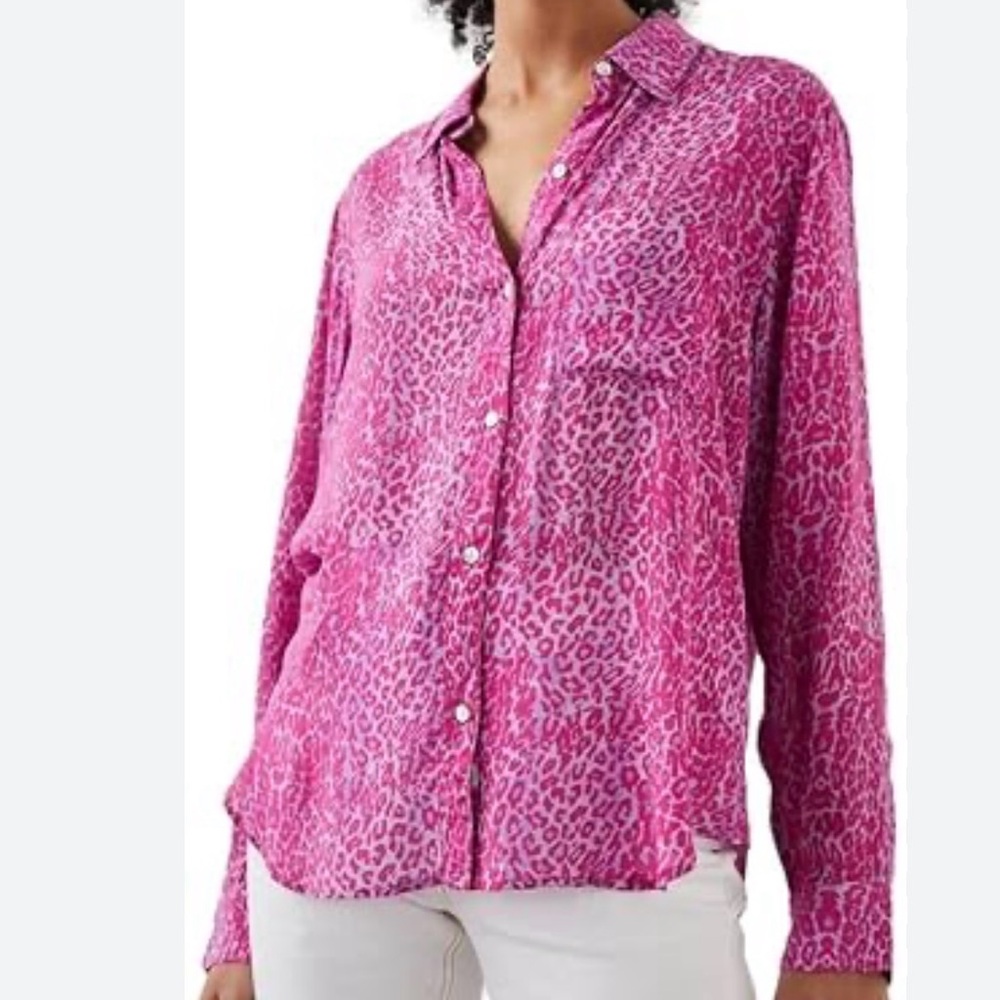 Rails Josephine Button Up Long Sleeve Shirt Top L Cheetah Print Magenta